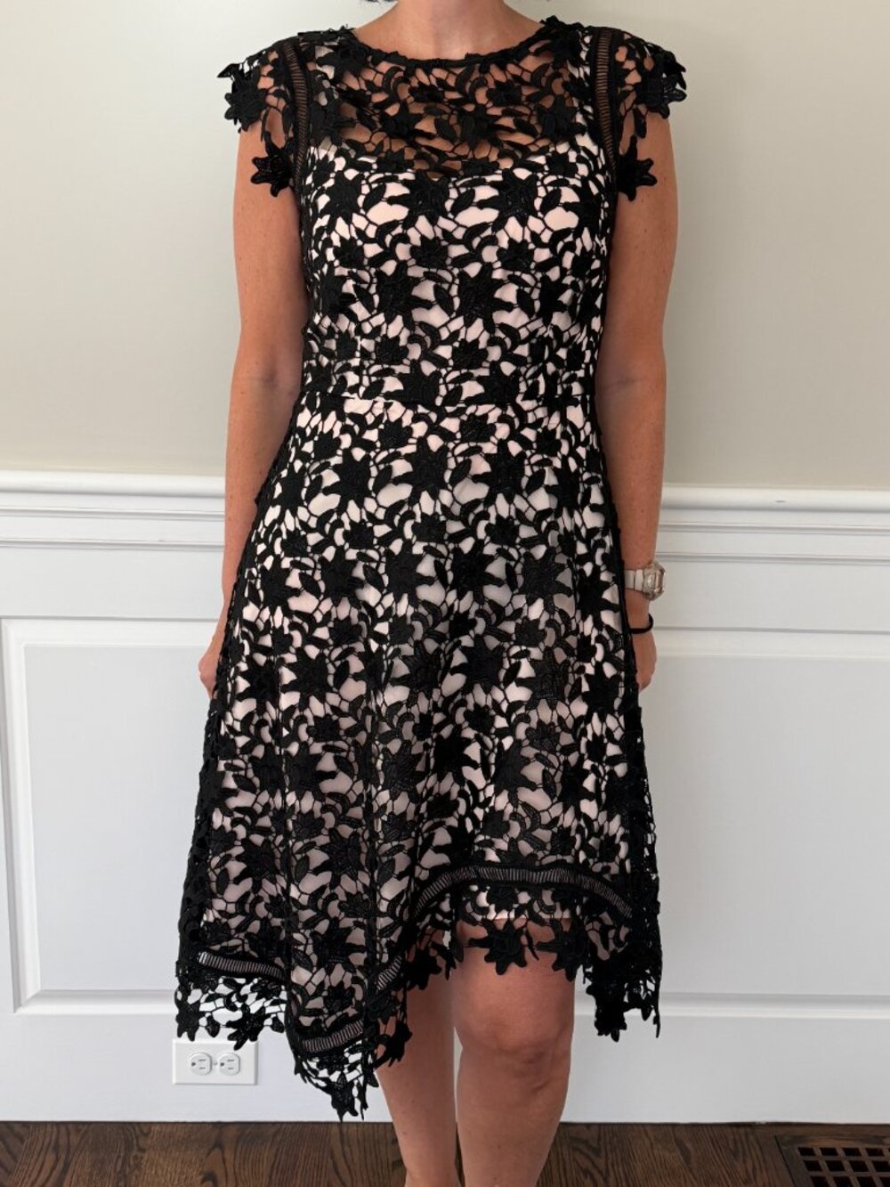 Eliza J Black Lace Overlay Dress Nude Lining Asymmetrical Hem Cocktail Dress